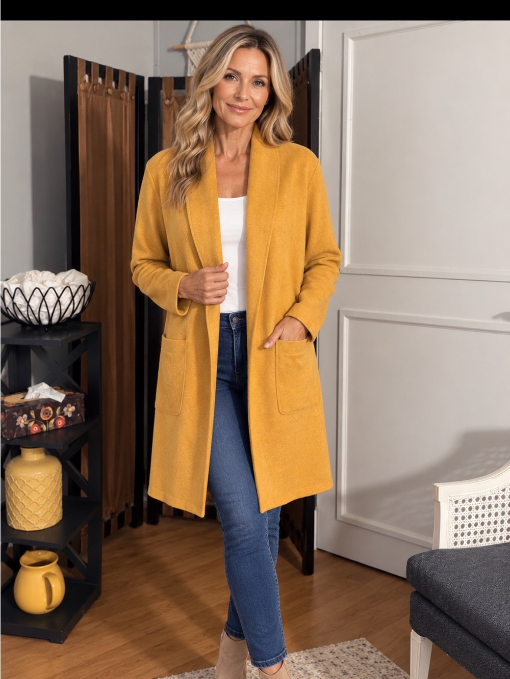 Mustard Open-Front Long Coat with Patch Pockets